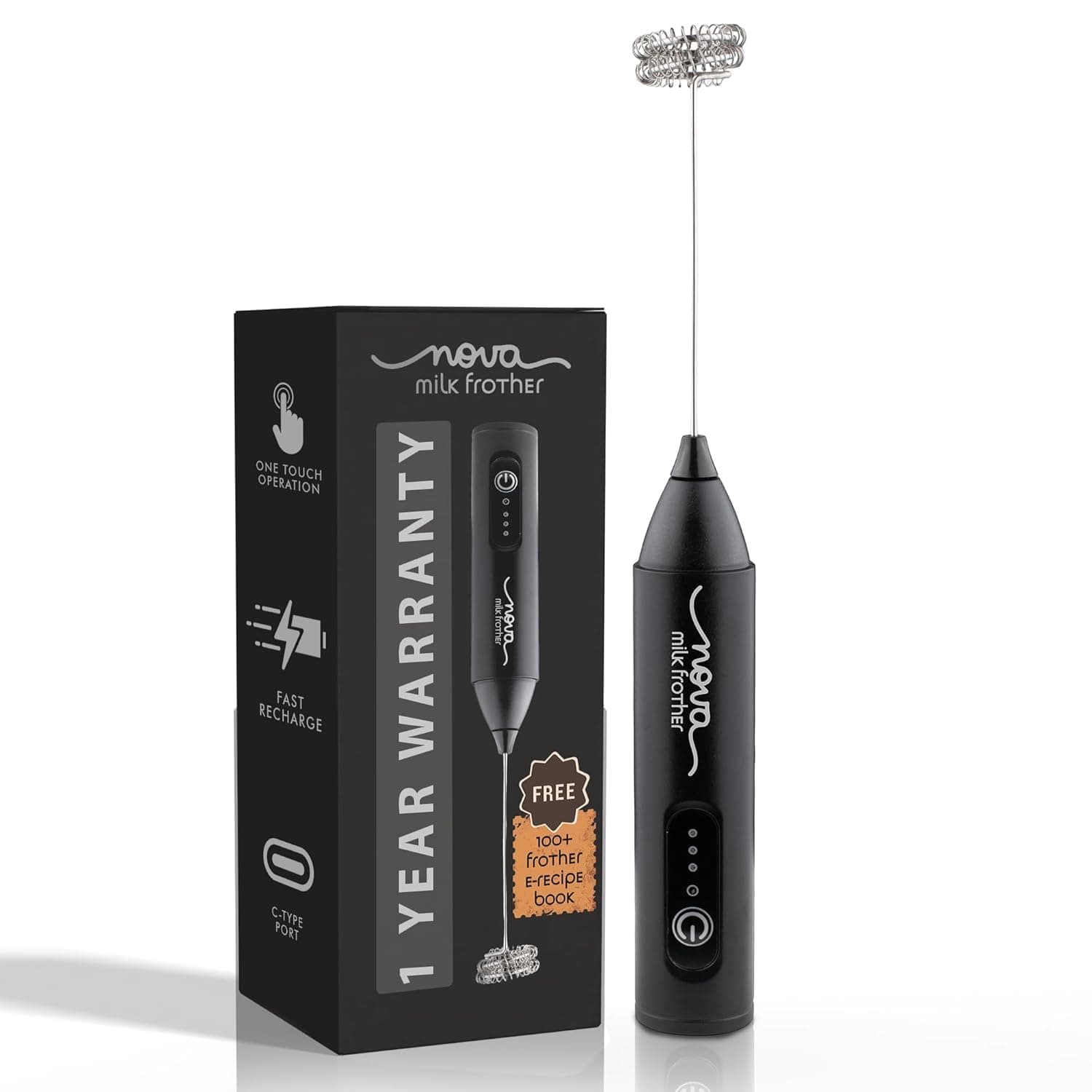 Nova Rechargeable Coffee Frother and Milk Whisker with Dual Spring Tech | 1 Year Replacement Warranty | Free Coffee Frothing Recipe Book (Black)