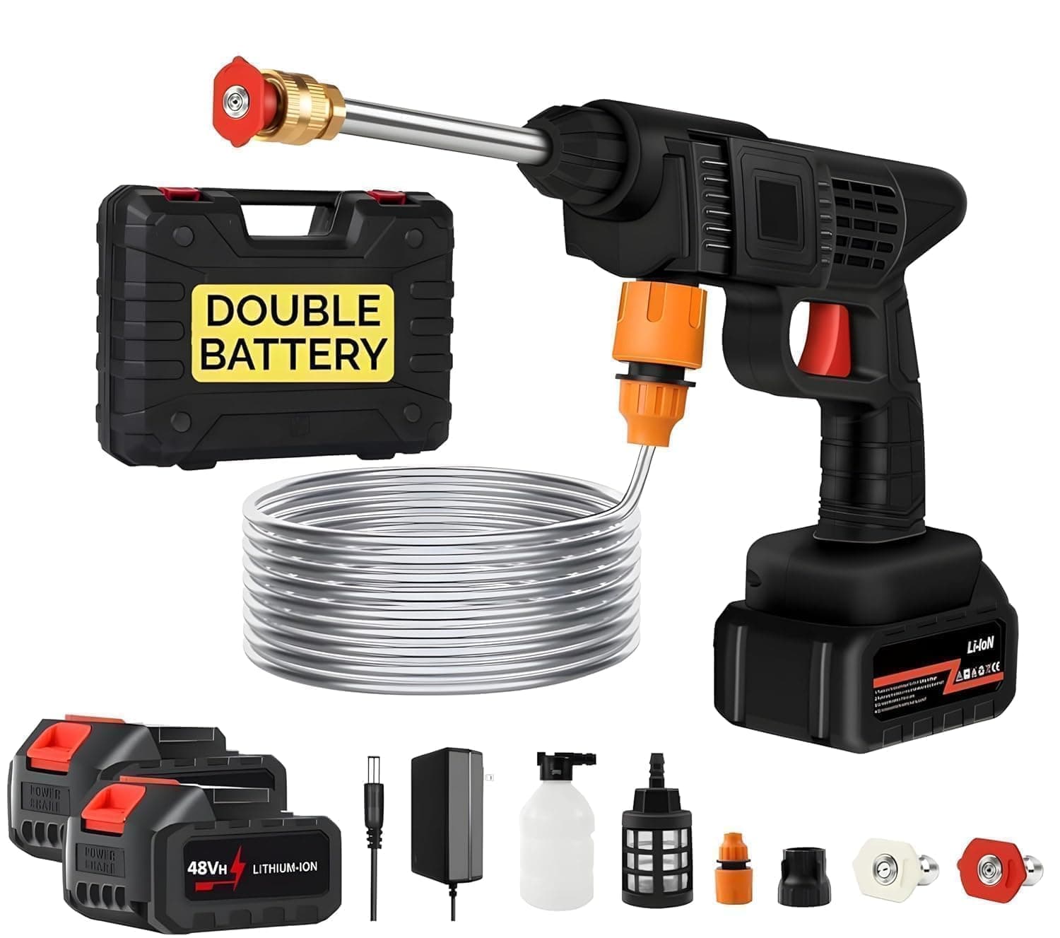 (Double Battery) Cordless Portable Wireless Pressure Washer Gun 48V 12000mAh High Pressure Water Gun for Car Wash & Bikes Cleaning with Adjustable Nozzles & 5M Hose Pipe