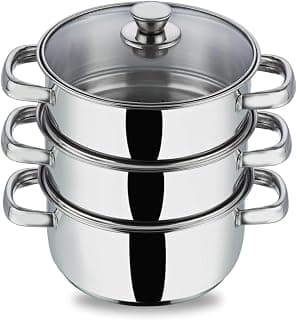 Vinod Stainless Steel 3-Tier Steamer with Glass Lid, 20 cm | 2.5 mm Thick Base | Multi-Purpose Steamer for Momos, Modaks, Vegetables & More | Riveted Handles | Induction & Gas Base | 2 Yr Warranty