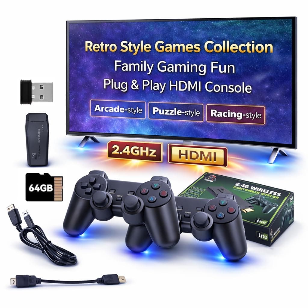 CLOUDTAIL Wireless Retro Gaming Console for TV | HDMI Game Stick | Plug & Play | Dual Wireless Controllers | Classic Arcade Style Games | Family Gaming | Black