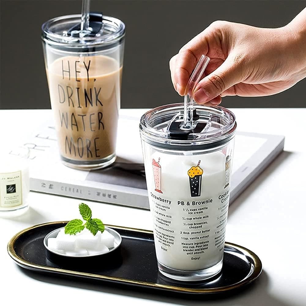ZROY ENTERPRISE Glass Tumblers | 400ml | with Silicone Straws & Lids, Measuring Coffee Sipper Mug,Random Cartoon Printed Glass Drinking Cup for Iced Tea,Juice,Cocktail (1, Patiyala)