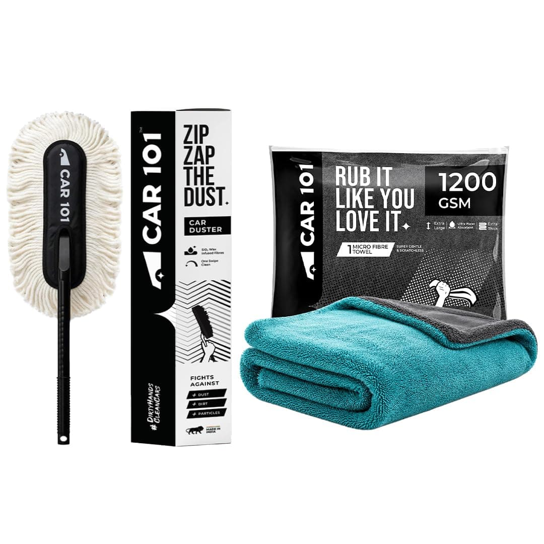 CAR101 1200 GSM Extra Large Multipurpose Microfiber Cloth & Zip Zap Ceramic Wax Car Duster Combo | Ultra Soft & Scratch-Free | Superior Absorbency |for Car Bike Cleaning Polishing Washing & Detailing