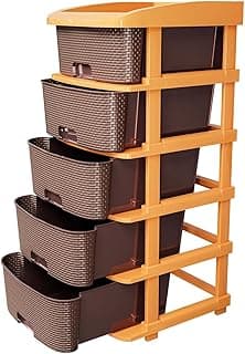 TEX-RO Plastic Modular Drawer Storage Chest Of Drawers Organizer Storage Box, Large Stomo Racks For Multipurpose Anti-slip Shoes Organizers | Brown | 5 Layer
