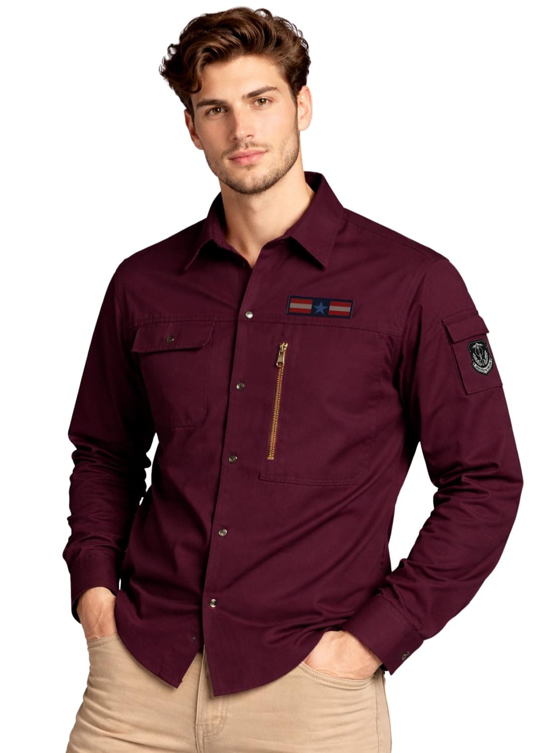 ADRO Men’s Solid Cargo Shirt| Premium Cotton Casual Shirts for Men | Zipper Pocket & Military Style Velcro Badge | Limited Stock