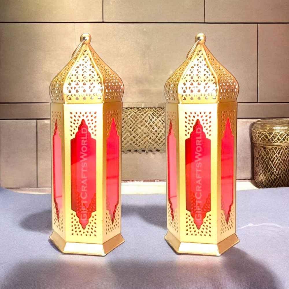 GiftCraftsWorld Large Decorative Moroccan Tealight Lantern Indoor/Outdoor Hanging T-Light Candle Holder with Glass Perfect Home Decor & Gift Combo for Creating Ambiance (Red, Set of 2)