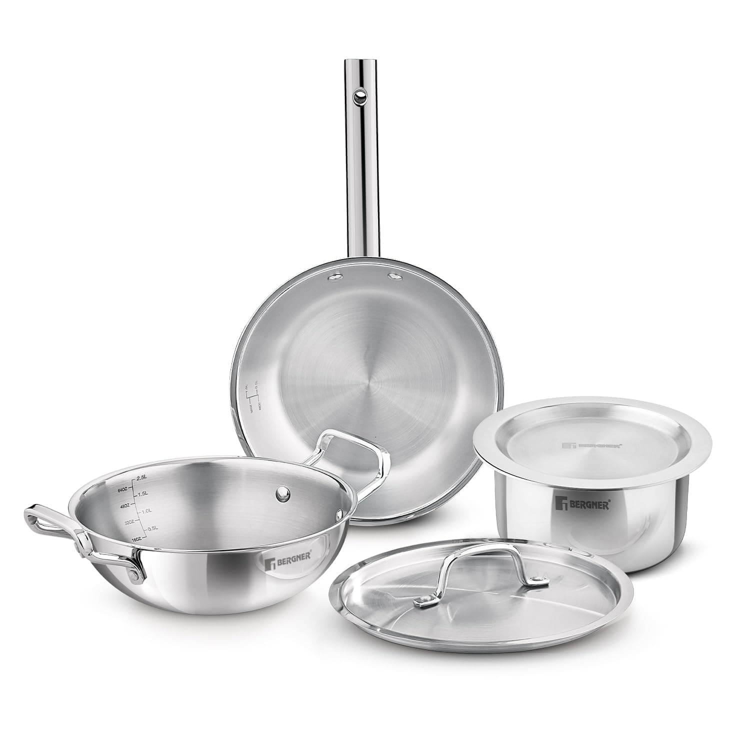 Bergner Tripro Triply Cookware Set 5 Pcs - 22cm (2.3L) Kadai with Lid, 22cm Frypan, 16cm (1.8L) Tope with Lid, Consumes Less Oil, Healthy Cooking, Even Heat Distribution, Induction and Gas Stove Ready