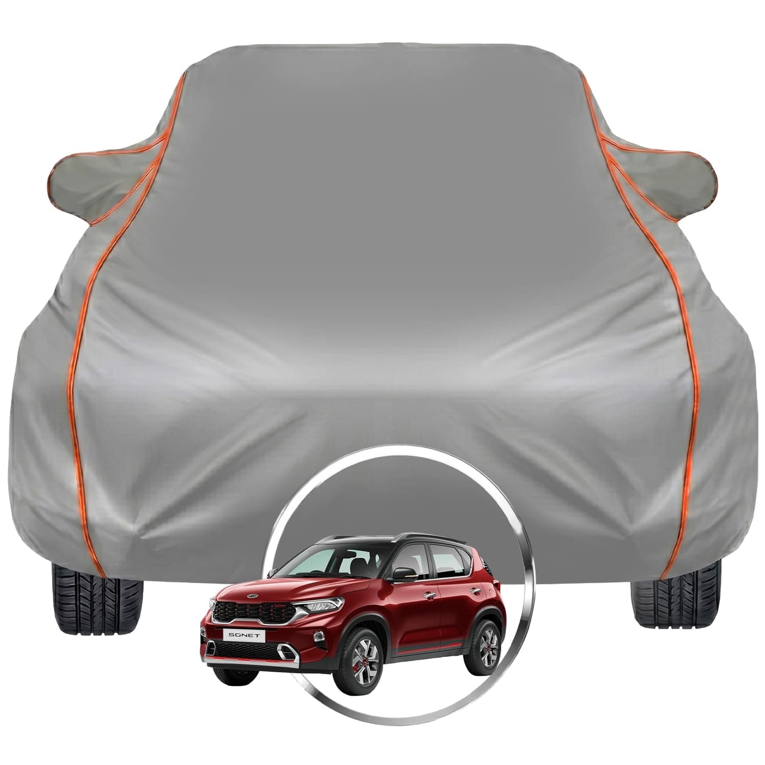 Pivalo Car Cover for Kia Sonet – Fits All Model & Year | 100% Waterproof All-Weather UV & Paint Protection | Premium 3-Layer Fabric | Triple Stitched with Reflective Piping (Grey)