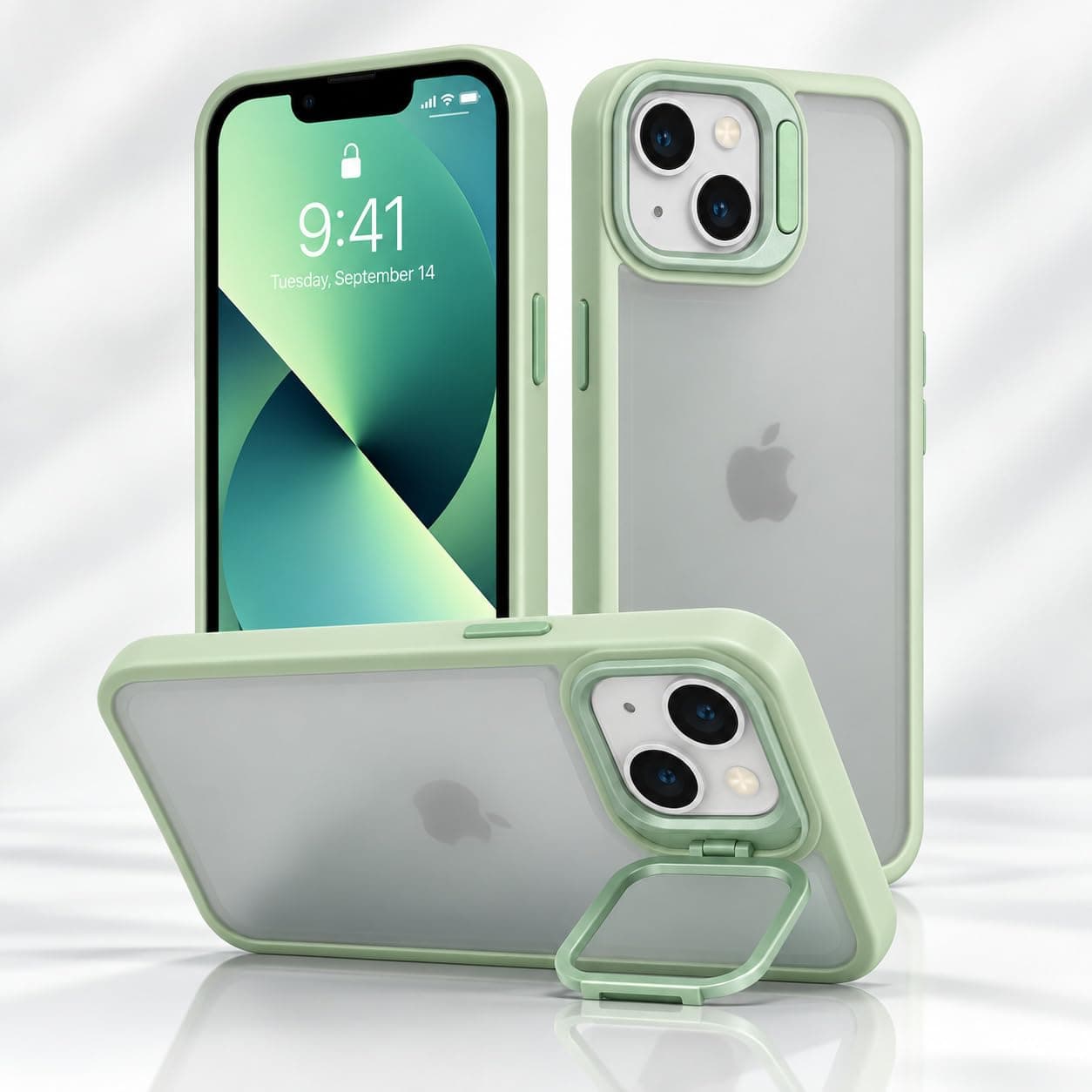 amazon basics Frosted Matte Case for iPhone 15 | Built-in Flip-Out Camera Lens Stand | Translucent Back with Contrast Green Bumper | Shockproof Protective Cover with Foldable Kickstand