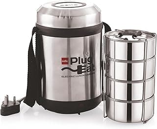 CELLO Electro 4 Tier Compartment Stainless Steel Electric Lunch Box For Office Use Silver |Shock Proof & Cool Touch Outer Body, Rubber Grip Lift Handle Leakproof Stainless Steel Electric Lunch Carrier