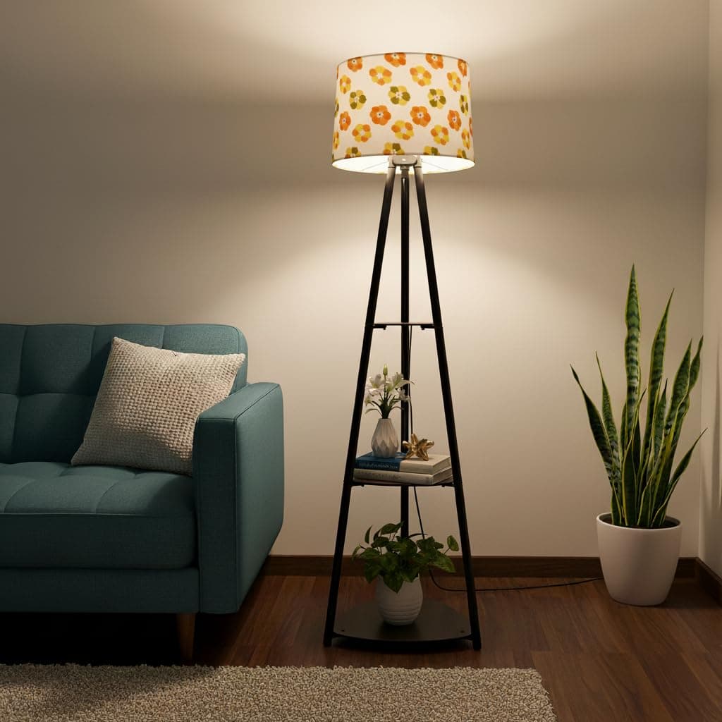 ZipNest Tripod Metal Floor Lamp with Shelves Stylish Standing Lamp for Living Room Decoration Bedroom Corner Stand Aesthetic Home Decor LED Bulb Included Retro Flower