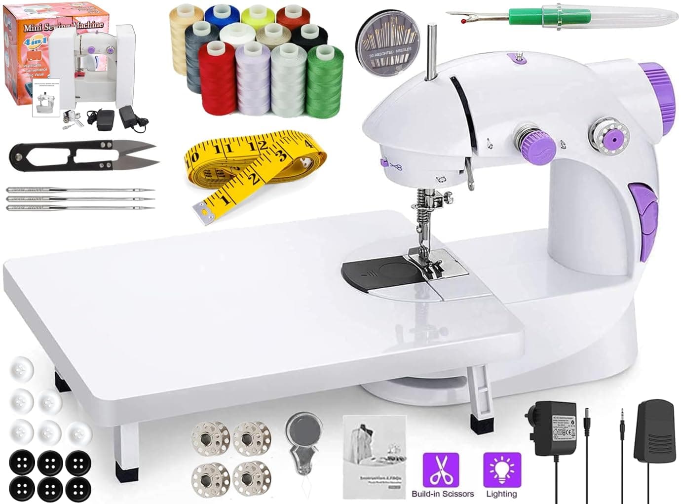 Kiwilon Electric Sewing Machine With Table Set, Mini Silai Machine For Home Tailoring, Stitching Machine With Foot Pedal, Adapter And Fully Loaded Sewing Kit (SM-ET-B-KT-201-Purple)