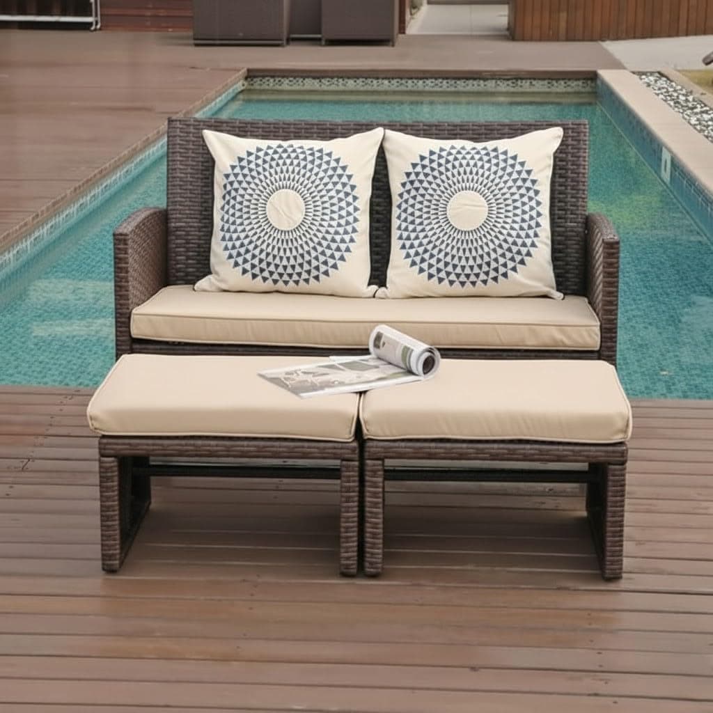LOCCUS 3-Piece Outdoor/Indoor Patio Furniture Set, Waterproof Handwoven Rope Sofa Conversation Bistro Set with Cushions & Powder-Coated Iron Frame for Balcony (Dark Brown & Cream)