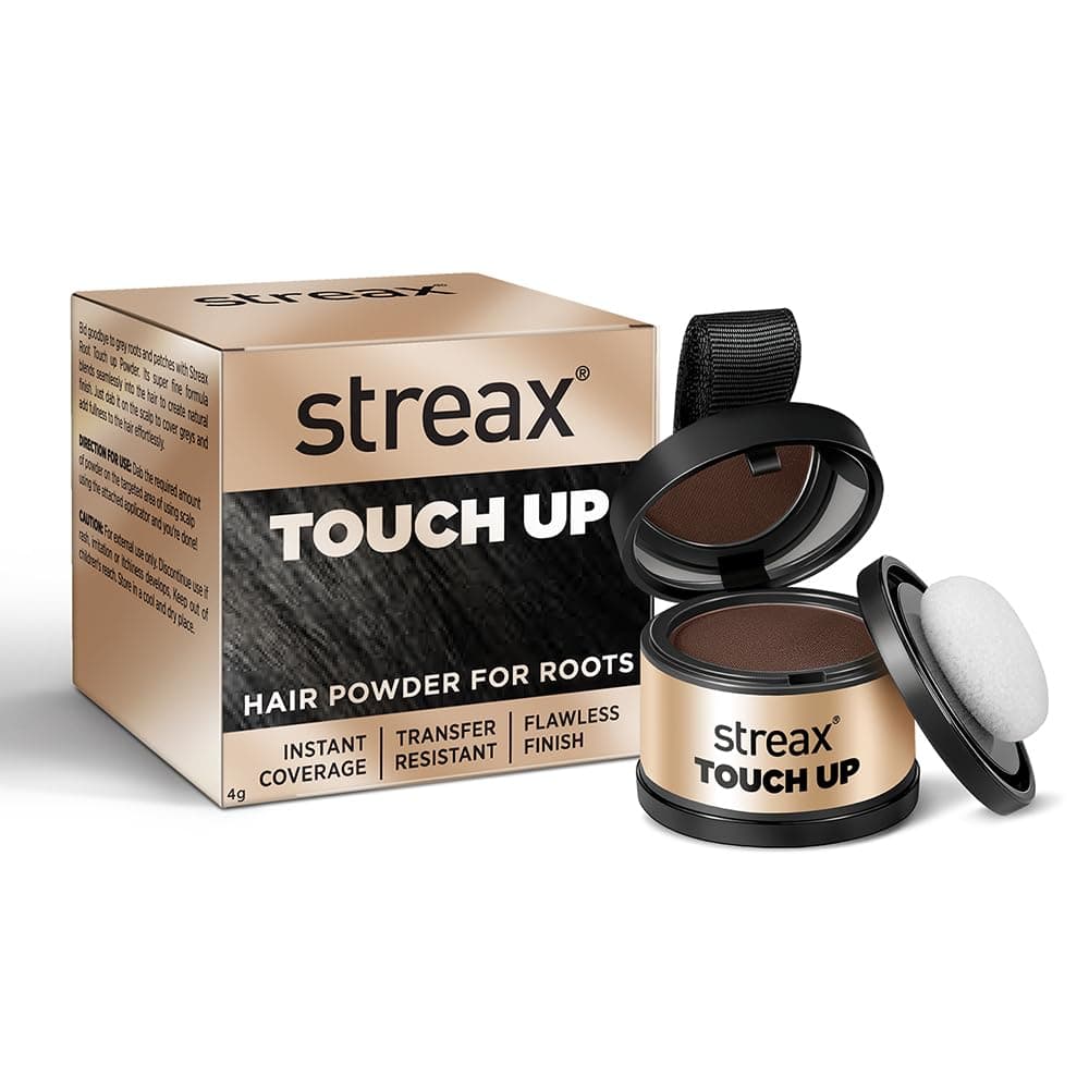 Streax Hair Root Touch Up for Grey Hair, Brown – 4gm | Hair Cover Up Powder I Covers Grey Hair & Bald Patches | Instant Hair Colour Touch Up, Beard touch up for men