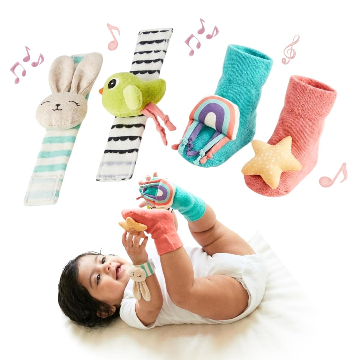 Curious Cub Rattle Set for Babies | Soft Sensory Toy for Early Learning | Wrist Rattle & Foot Finder Socks | Newborn Baby Gift for 0-12 Months
