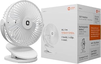 Orient Electric Orbis Rechargeable Personal Fan | 360° Rotation | 1800 mAh Battery | 4 Speed Modes with Timer | Quiet Operation | USB Type-C Charging | Clip-On Mini Fan (White)