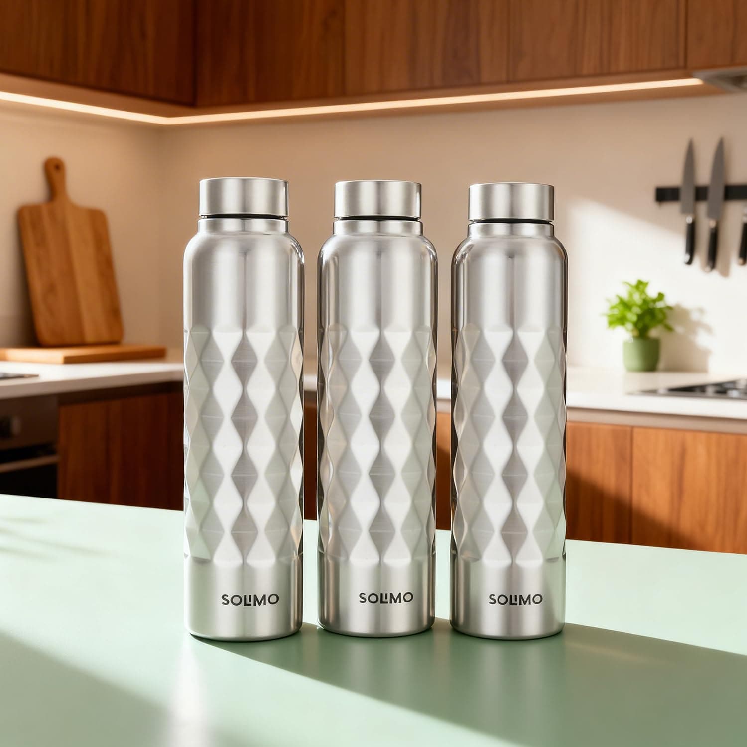 Amazon Brand - Solimo Stainless Steel Cubix Water Bottles Set of 3, 1L Each | Rust-Resistant, Shatter-Proof, Spill-Proof | Food Grade Steel | Office, School, Travel | Dishwasher Safe (Silver)