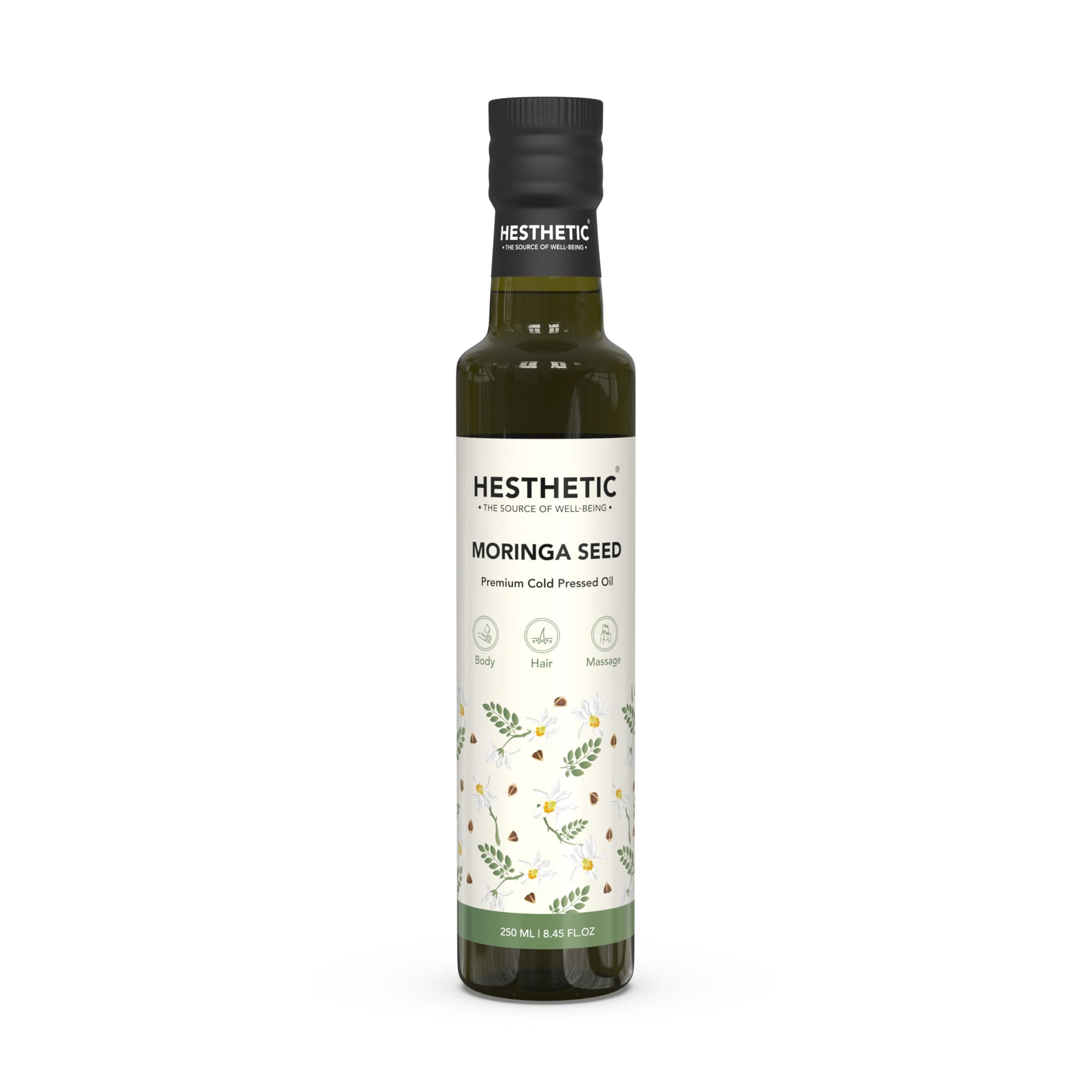 HESTHETIC Cold Pressed Moringa Seed Oil 250ml Family Pack for Face, Hair & Under-Eye | Pure Moringa Oleifera (Sahjan Ka Tel) | Unrefined Virgin Lightweight Facial Oil | Glass Bottle | Antioxidant-Rich