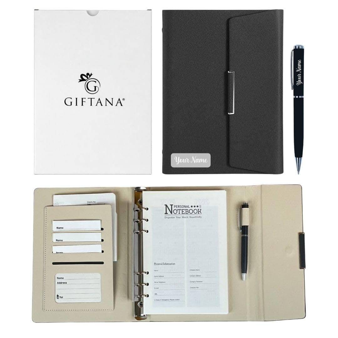 Giftana Personalized Planner Diary with Pen Gift Set for Men and Women, 2 in 1 Customized New Year Gifts for Employee, Personalised Employee Onboarding Kit- Black