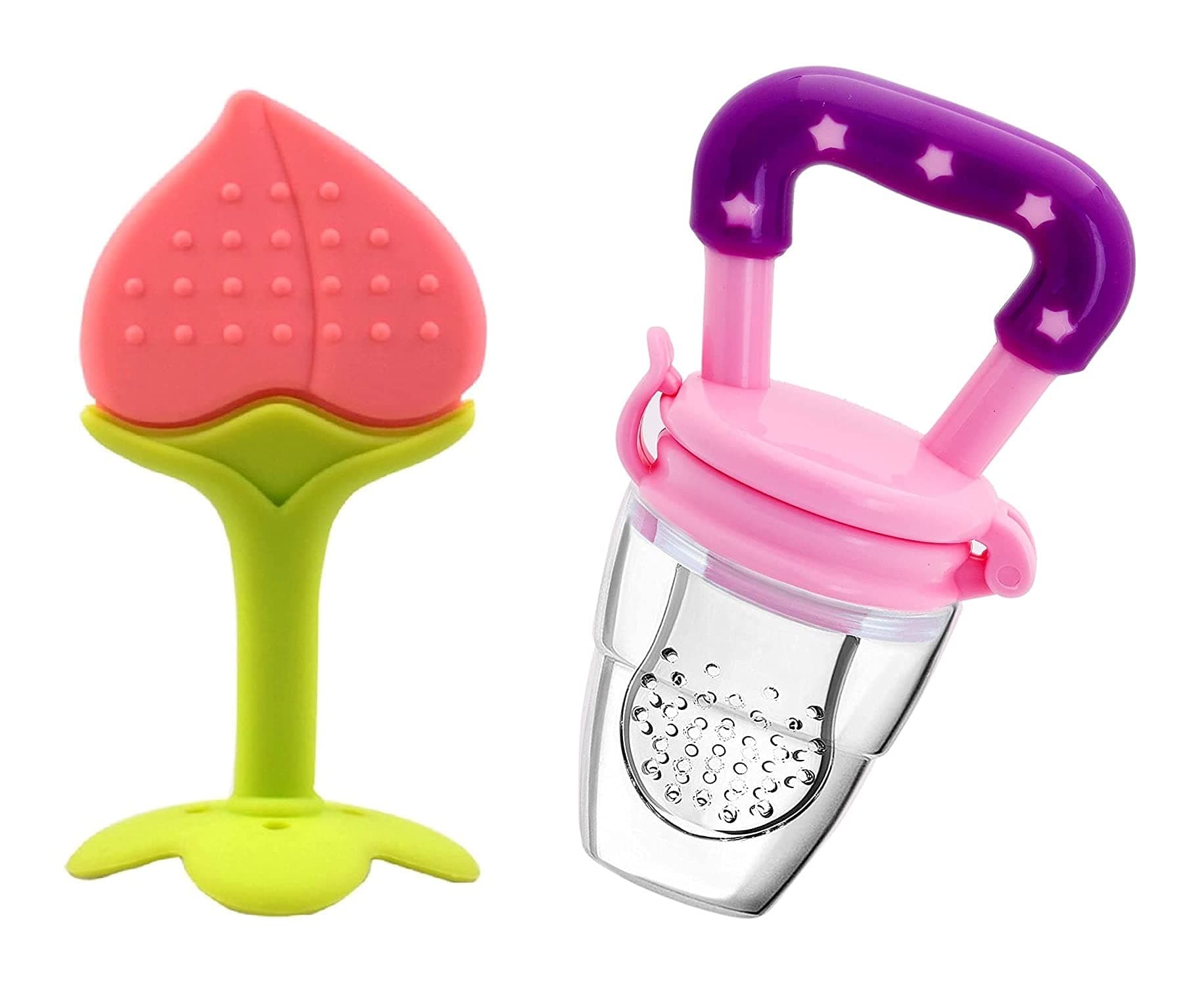 Lappu Fruit Shape Silicone Teether with Baby Fruit Nibbler Pacifier for Baby (Combo Saver Pack of 2) (Pink & Peach)