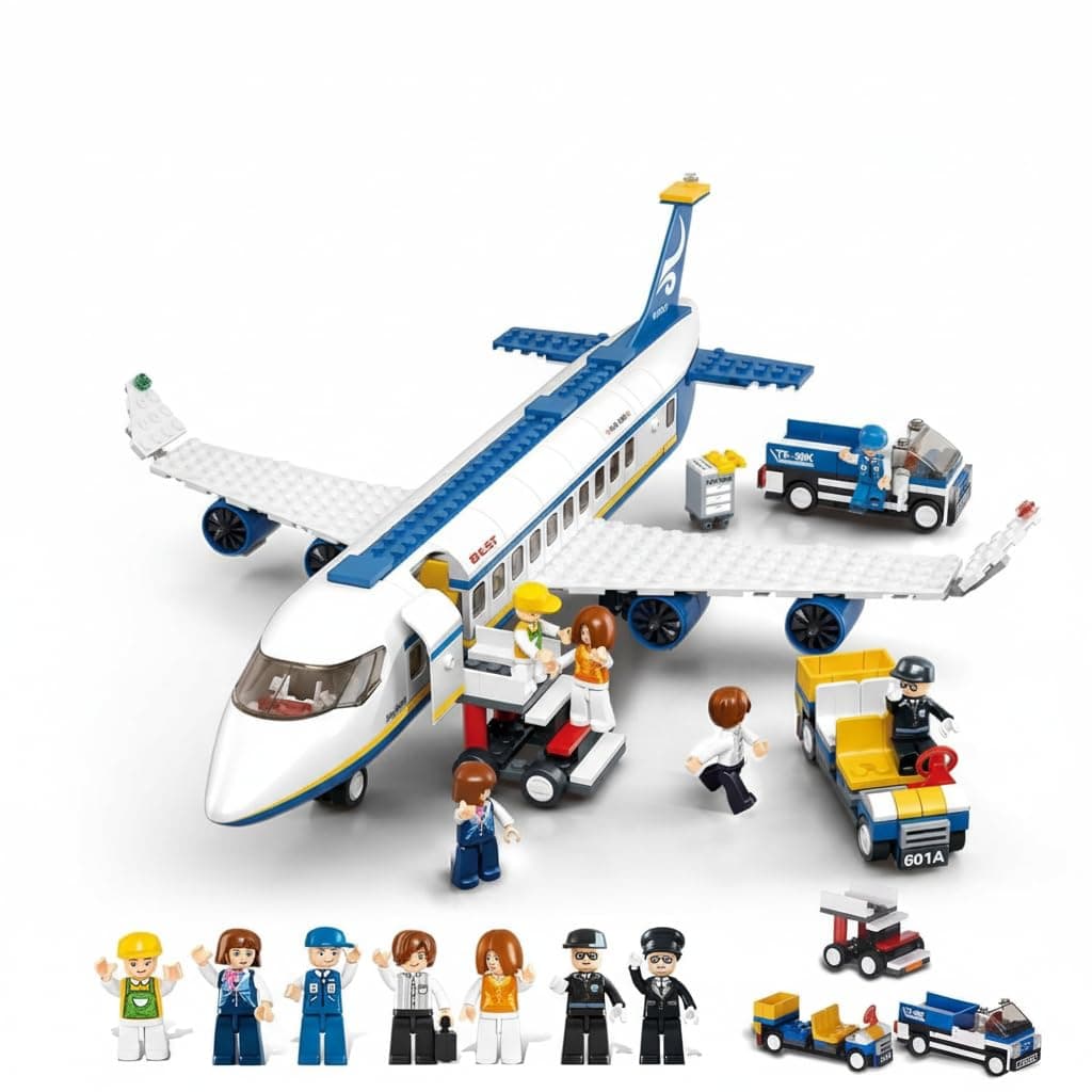 SKY LINE OCEAN Passenger Airplane Building Set, Airport Playset with Shuttle Bus, Luggage Truck, Boarding Stairs, and 7 Minifigures, STEM Toy for Kids Aged 6-12 || 2 Years Warranty || (463+ Pieces)