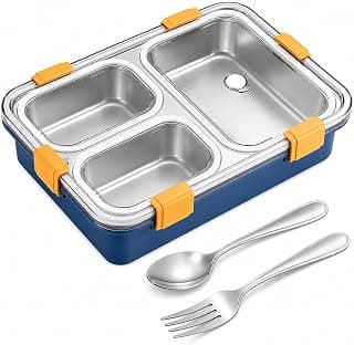 Misamo Enterprise Stainless Steel Lunch Box for Kids & Adults, 3 Compartment Lunch Box, Leak Resistant Food Grade Tiffin Box with Spoon & Fork, BPA Free (Blue)