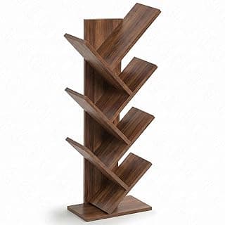 DesignFit Engineered Wood 8 Tier Tree Shaped Bookshelf for Home Library | Wooden Book Rack with Bottom Storage | Space Saving Book Stand for Office, Bedroom, Living Room, Study Room (Walnut Finish)