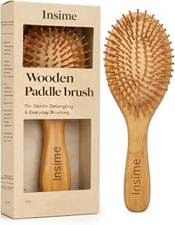 INSIME Wooden hair brush for Women & Men – Bamboo wooden Paddle hair brush for men women Curly hair – Bamboo Wooden brush for hair growth with flat paddle brush comb
