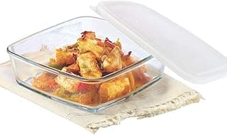 Borosil Baking & Serving Square Shape Dish with White Lid | Borosilicate Glass Bakeware and Serveware Tray | Microwave, Oven & Dishwasher Safe Bowl | Transparent (1.6 L)