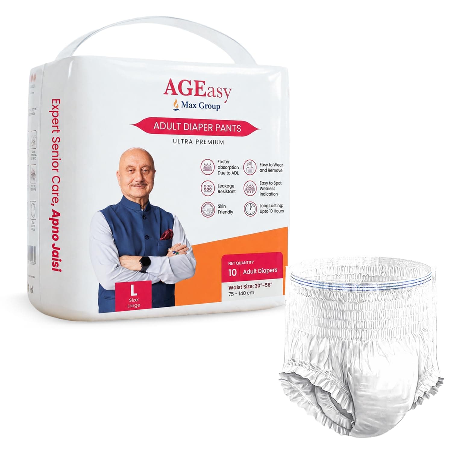 AGEasy (Max Group) Unisex Adult Diaper Pants | L (Waist 75–140 cm) | Overnight Leak Protection | Wetness Indicator | Odour Lock | Anti-Bacterial | Skin Friendly