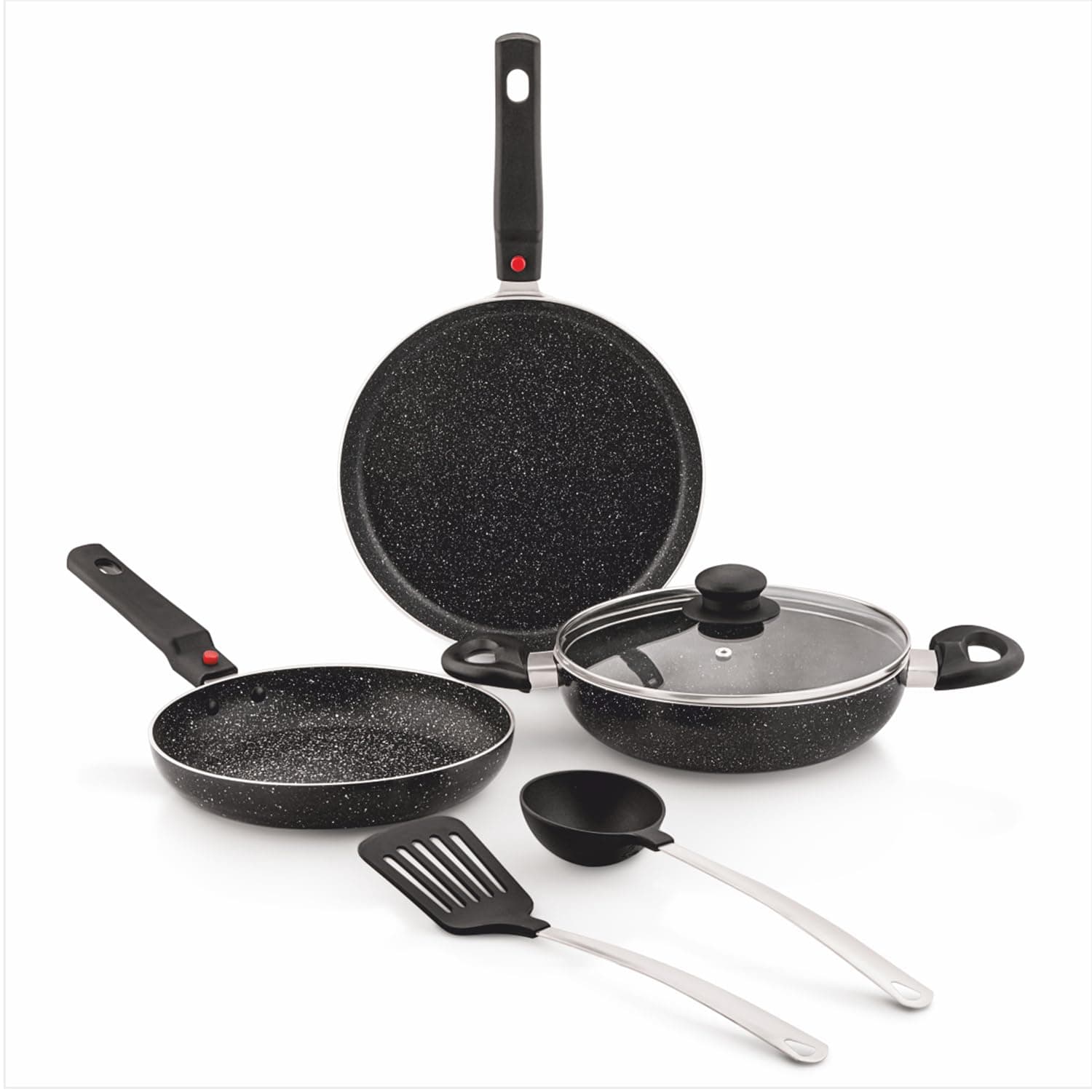 Amazon Brand - Solimo Aluminium 6 Piece Non-Stick Cookware Set with Detachable Handle| Granite Finish | Induction Base | Pfoa Free | HTR Exterior Coating | Black