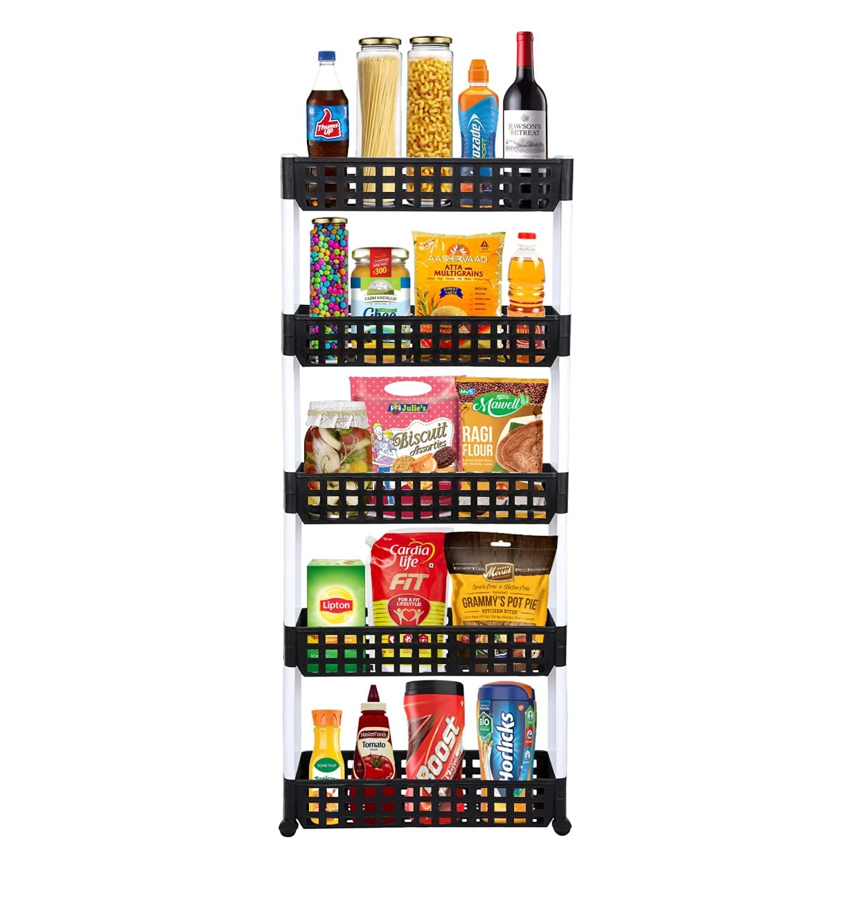 SIMPARTE 5 Layer Slim Storage Rack with Wheels – Multipurpose Slide-Out Shelf Organizer for Kitchen, Bathroom, Laundry & Office – Durable Plastic, Space Saving Design (Black & White)
