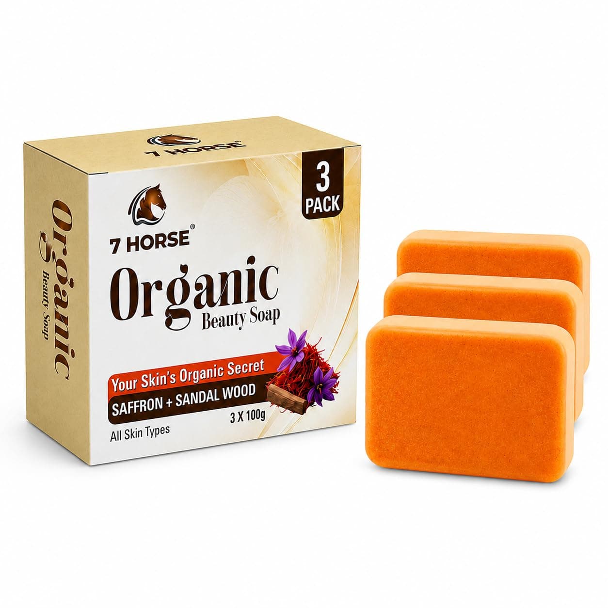 Organic Beauty Soap with Saffron & Sandalwood, Skin Brightening & Deep Cleansing Soap, Removes Tan & Pigmentation, All Skin Types, 100g Each (Pack of 3)