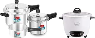 Pigeon by Stovekraft Joy 1.8 Liter Electric Rice Cooker 700 Watt, White & Pigeon By Stovekraft Pressure Cooker Combo with Outer Lid Gas Stove Compatible 2, 3, 5 Litre Capacity (Silver)