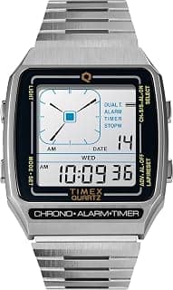 TIMEX Q Digital Watch for Man with Silver Square Dial & Silver Stainless Steel Bracelet Band Water Resistant Men's Wrist Watches - TW2U72400U9