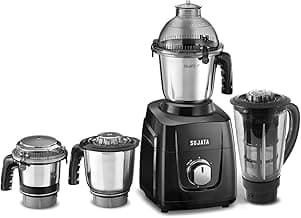 Sujata MG03 Mixer Grinder |1000 Watts Double Ball Bearing Motor|24000 RPM|Non-Stop 90 Mins Running|4 Jars including 1750ml Blender with Coconut Milk Extractor, 1500ml, 1000ml, 500ml Jar| Black