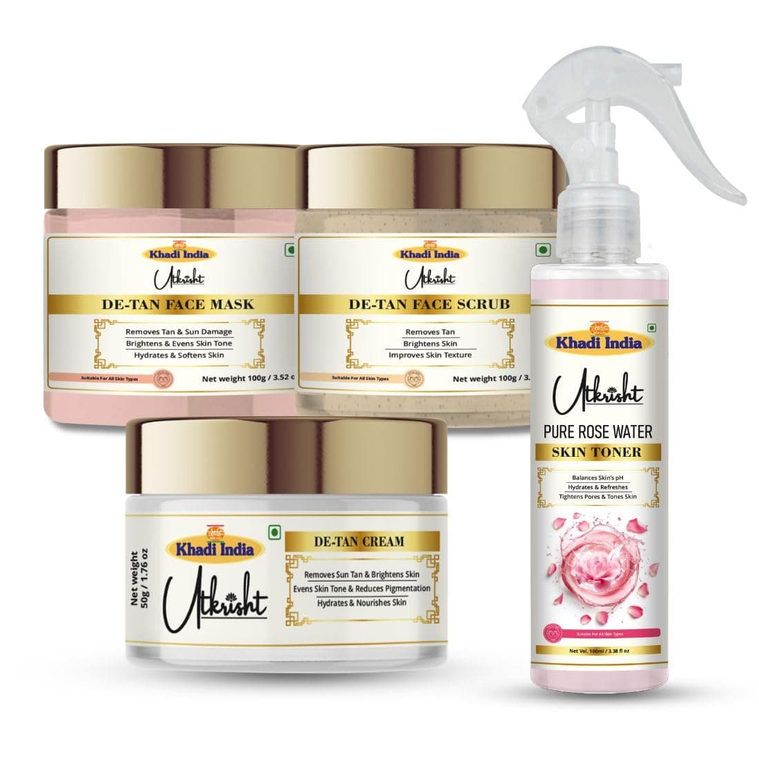 Khadi Utkrisht Complete De Tan Skincare Combo – Detan Mask, Face Scrub, Skin Brightening Cream & Rose Toner | Anti-Tan, Deep Cleanse & Hydration For Men & Women