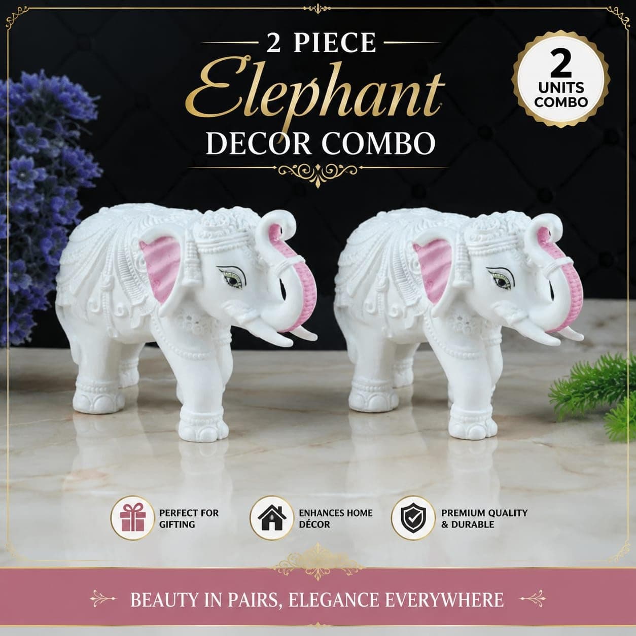 Fashion Bizz White Elephant Figurine Pair with Trunk Up - White, Set of 2 | Resin Elephant Showpiece for Home Office Living Room Decor | Lucky Elephant Decorative Statue Gift | Home Office Decor