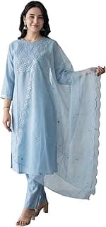 INDO ERA Solid Straight Pure Cotton Kurta with Pant & Dupatta Set for Women
