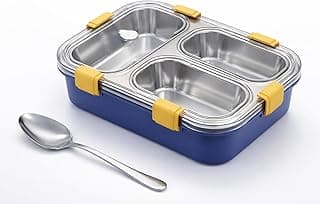 Umadiya® 3 Compartment Lunch Box Insulated Air Tight BPA Free Lunch Box, Stainless Steel 100% Leak Proof Lunch Containers with a Fork, a Spoon and a Pair of Chopsticks for School Kids -750Ml (Blue)