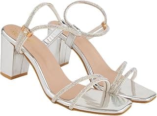 Shoetopia Stylish Strappy Block Silver Heels for Women – Open Toe Ankle Strap Sandals || Perfect for PartiesWeddings & Night Out Comfortable & Stylish EU40