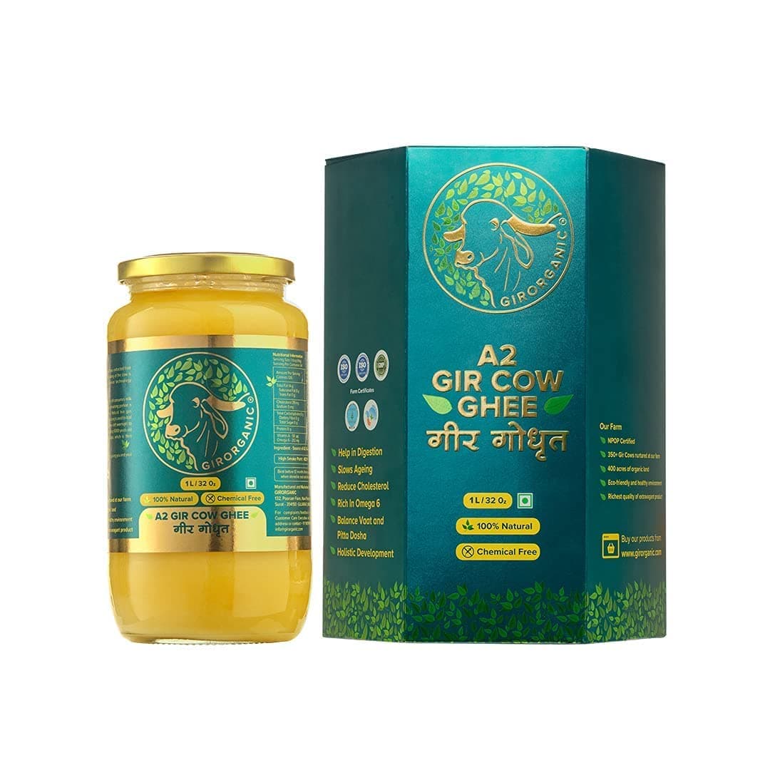 GirOrganic A2 Cow Ghee - Pure 1 Litre Glass Bottle Ghee | 100% Gir Cow Ghee | Vedic Bilona Method | Grassfed, Cultured, Premium & Traditional Ghee | Immunity Booster | Gopal Ratna Award Winner 2023