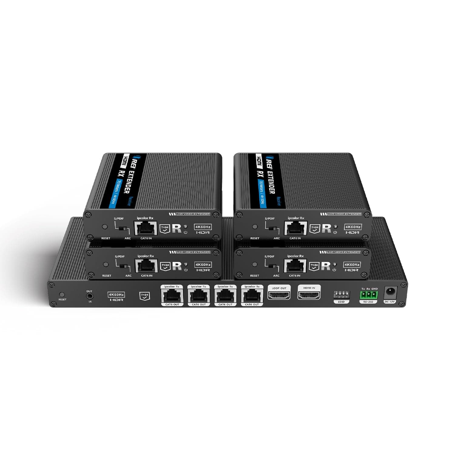 1x4 HDMI Extender Splitter 4K by OREI Multiple Over Single Cable CAT6/7 4K@60Hz 4:4:4 HDCP 2.2 with IR Remote EDID Management - Up to 230 Ft - Loop Out - Low Latency - Full Support IR RS-232 Control