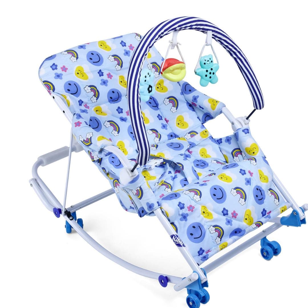 INFANTO Rocko Swing Rocker 3 in 1 | Foldable Design | Removable Toy Bar | Cushioned Seat | Foldable Legs, 4 to 15 Months RB33 (Blue)