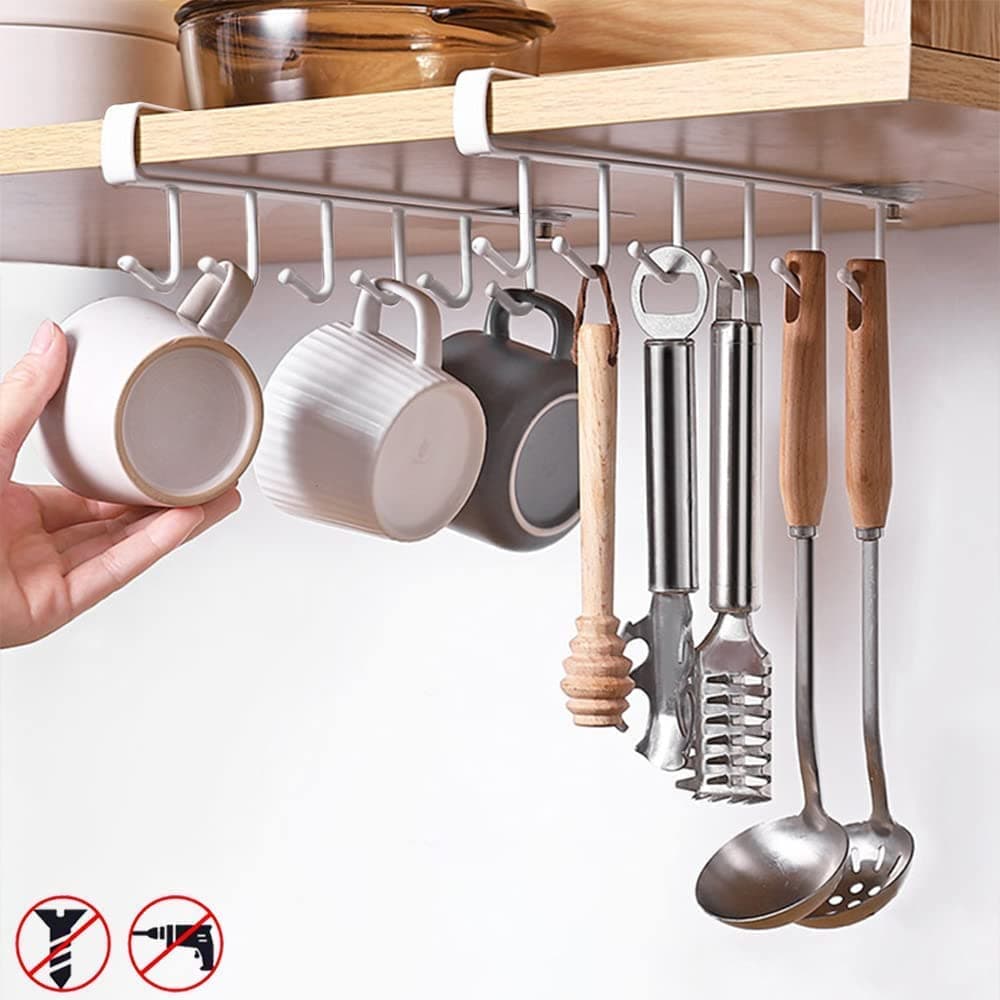 FORKLS Under Cabinet Mug Holder (Pack of 2) – 6 Hooks Metal Under Shelf Cup Rack, Kitchen Utensil Hanger, Coffee Mug Stand, No Drill Storage Organizer for Kitchen & Cabinet (White)