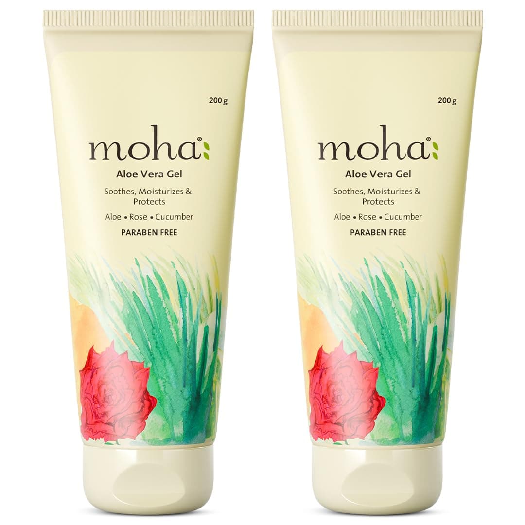 Moha Aloe Vera Gel for Face, Skin & Hair | Pure Aloe Vera Gel with Rose & Cucumber | Hydrates, Soothes, Moisturise & Repairs Skin Naturally | Strengthens Hair & Calms Scalp | Lightweight, Non-Sticky Organic Gel Formula - 200 gm (Pack of 2)