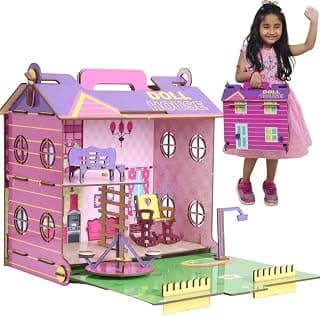 FunBrigade Big Wooden Doll House for Girls Age 3-10 Years | Foldable & Portable Dollhouse with Furniture | 2 Storey Barbie Doll House Set | Colorful Pretend Play Toy | DIY STEM Learning Gift