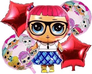 Set of 5 lol surprise doll foil balloons for decoration, cartoon princess theme balloons, lol balloon garland, balloons for Girls Party (LOL red stars)