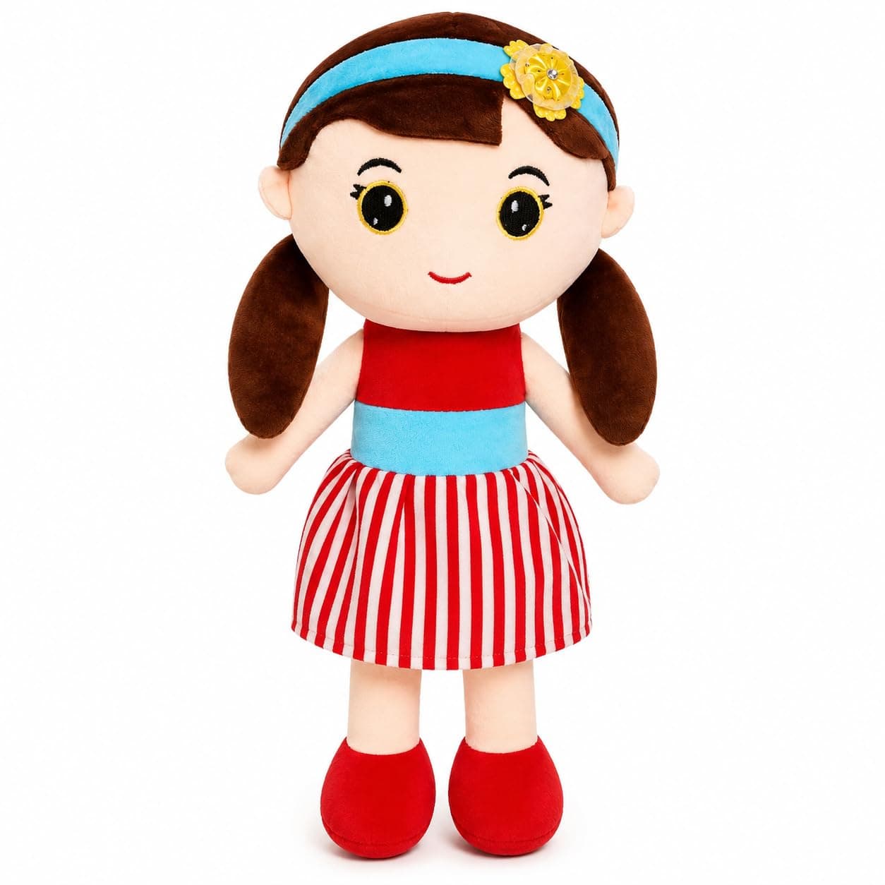 Soft Haven 57 cm Girl Doll Soft Toy for Kids | Super Soft Plush Stuffed Doll | Huggable Teddy | Washable Birthday Gift for Girls | Red & Blue Dress