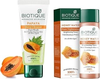 Biotique Honey Water Pore Tightening Brightening Toner With Himalayan Waters, 120ml & Biotique Papaya Deep Cleanse Face Wash For Visibly Glowing Skin All Skin Types, 150ml