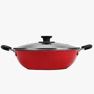 Pigeon By Stovekraft Basics Aluminium Non Stick, Non Induction Base Kadai with Glass Lid, 24CM/2.2 Liters, Red